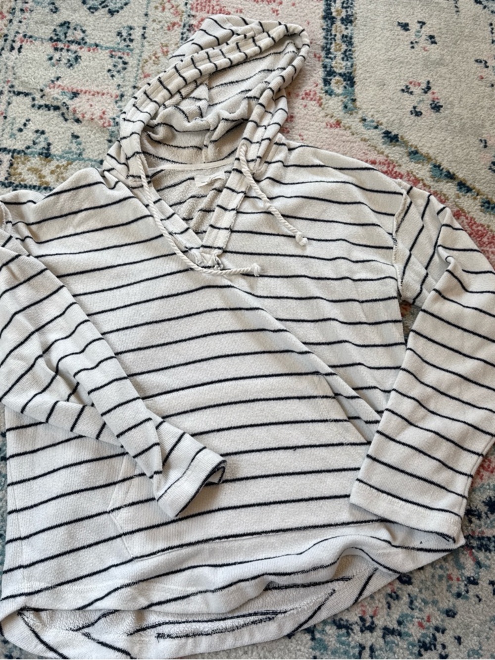 Striped Hooded Pullover - Ivory with Navy Stripes